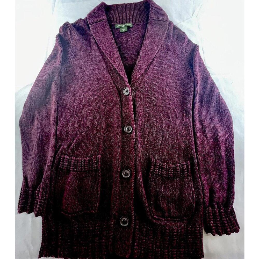 Eddie Bauer Womens Cardigan Sweater Red Black Tweed Pockets tons Size M
